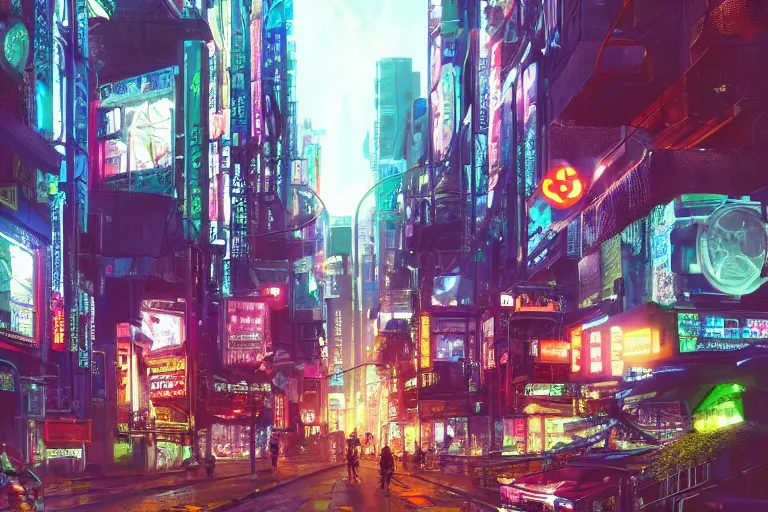 Prompt: A beautiful eye-level view of a cyberpunk city street in a Japanese rainforest, trending on artstation, artstation futurism, artstation digital, artstation neon, soft, golden lighting, 4k, 8k