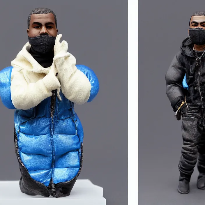 Image similar to a goodsmile figure of kanye west using full face - covering mask with small holes. a small, tight, undersized reflective bright blue round puffer jacket made of nylon. a black shirt underneath. dark jeans pants. a pair of big black rubber boots, figurine, detailed product photo