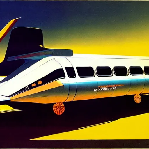 Image similar to concept art for a flying bus, painted by syd mead, high quality