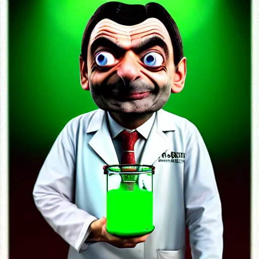 Prompt: mr. bean depicted as a mad scientist, wearing a lab coat, mixing green acids, digital art, trending on artstation and unreal engine