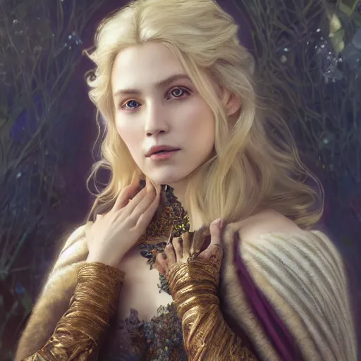 Image similar to portrait painting of a beautiful blonde lady with a kind face wearing a feathered cloak and noble garments, ultra realistic, concept art, intricate details, eerie, highly detailed, photorealistic, octane render, 8 k, unreal engine. art by artgerm and greg rutkowski and charlie bowater and magali villeneuve and alphonse mucha