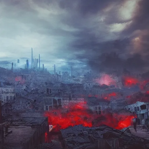 Prompt: destroyed city, landscape, dystopian, war, real, bright blue smoke, red clouds, detailed, award winning, masterpiece