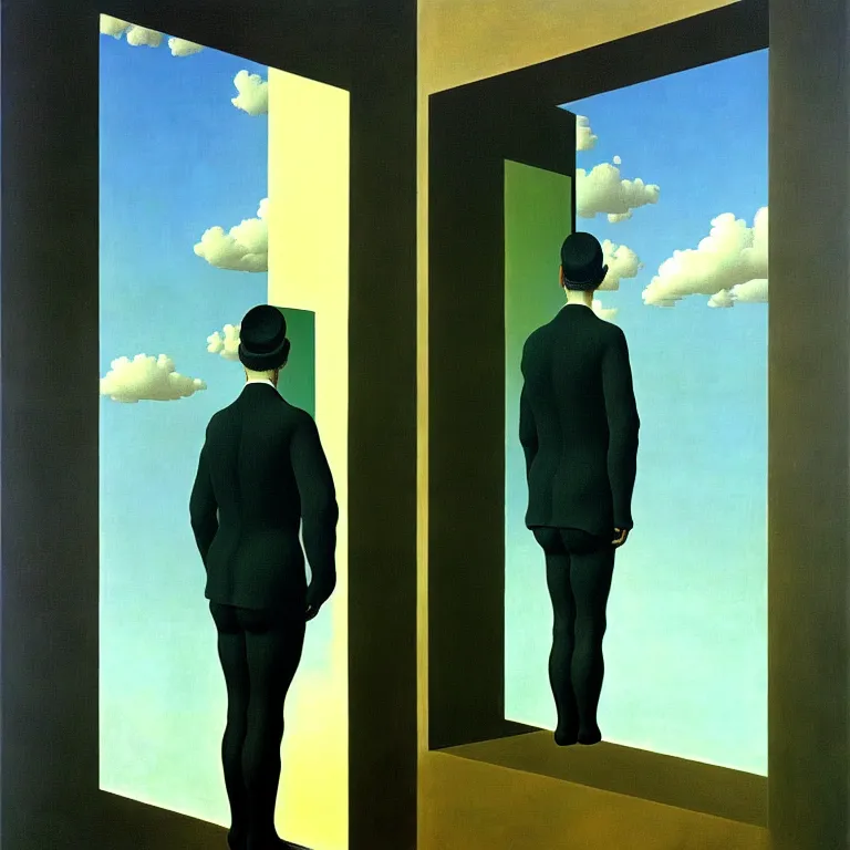 Image similar to a man looks into his own reflection and sees nothing, by rene magritte and salvador dali, surreal, oil on canvas, hyper detailed, vivid