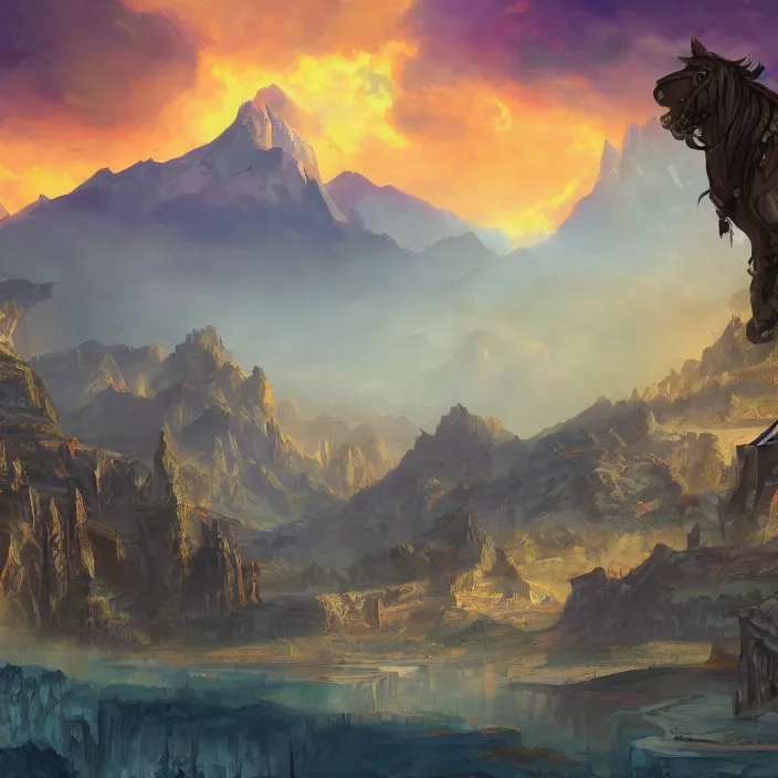 Image similar to large fantasy western town in the middle of a desert with a mountain in the background. magic the gathering art, digital media