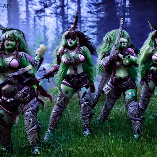 Prompt: squad of beautiful armed girls in army of nurgl warhammer in fantasy green forest between a trees fights with a monster, dark fantasy, highly detailed, trending on artstation, Unreal Engine 4k