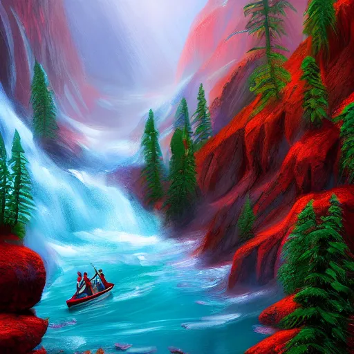 Prompt: a river of blood falls from the top of the fatal mountain, the elves sail along it in canoes, vivid color, highly detailed, mistic, digital painting, artstation, concept art, matte, sharp focus