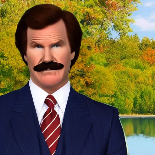 Image similar to Realistic image: Ron Burgundy standing near a lake