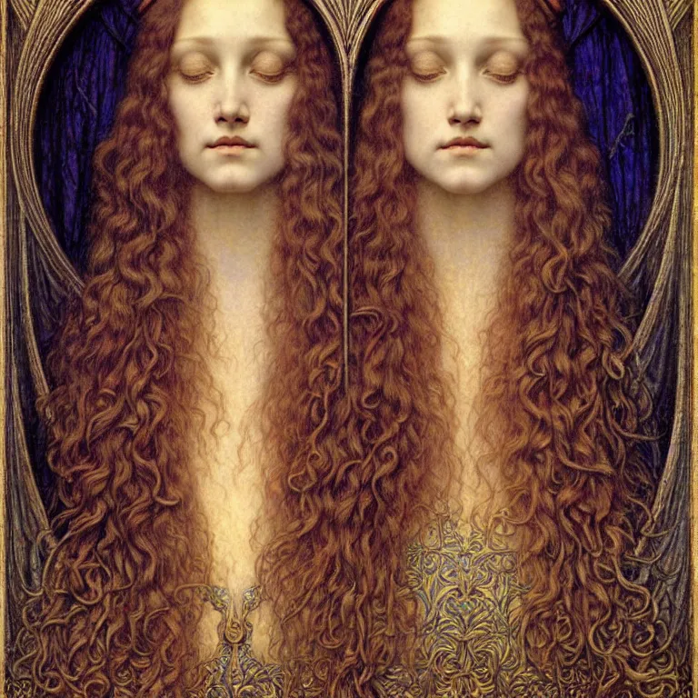 Image similar to detailed realistic beautiful young medieval queen face portrait by jean delville, gustave dore and marco mazzoni, art nouveau, symbolist, visionary, gothic, pre - raphaelite. horizontal symmetry