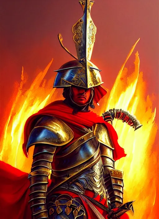 Image similar to a _ fantasy _ style _ portrait _ painting _ of knight with red plume, gold sword and big shield, fire background, firey environment, oil _ painting _ unreal _ 5 _ daz. _ rpg _ portrait _ extremely _ detailed _ artgerm _ greg _ rutkowski _ greg