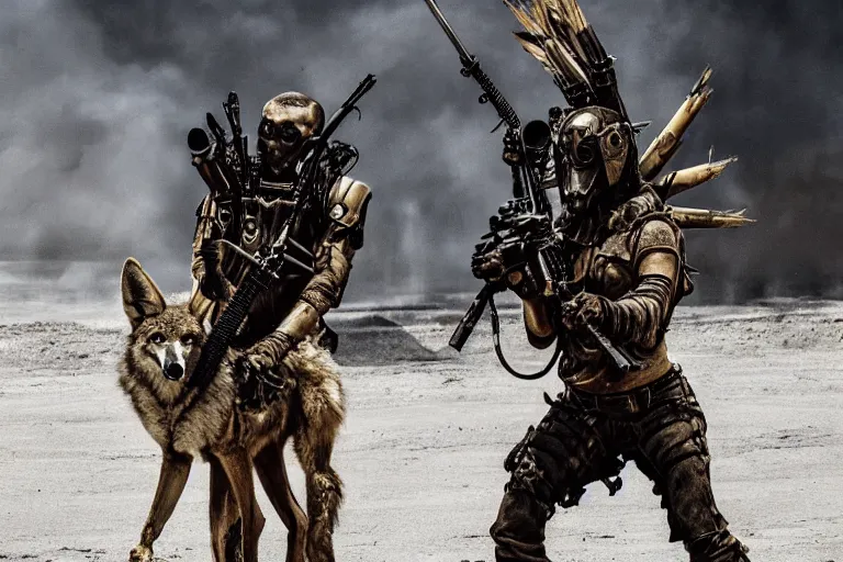 Image similar to a good ol'coyote fursona ( from the furry fandom ), heavily armed and armored facing down armageddon in a dark and gritty version from the makers of mad max : fury road. witness me.