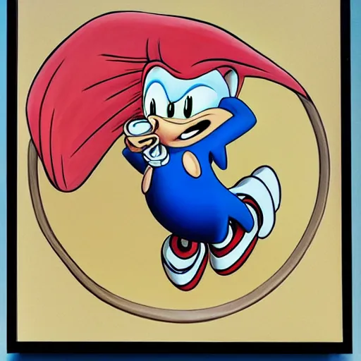 Prompt: beautiful lifelike painting of sonic the hedgehog blowing bubblegum in a wind tunnel, hyperreal detailed facial features and uv lighting, art by ed roth and basil wolverton