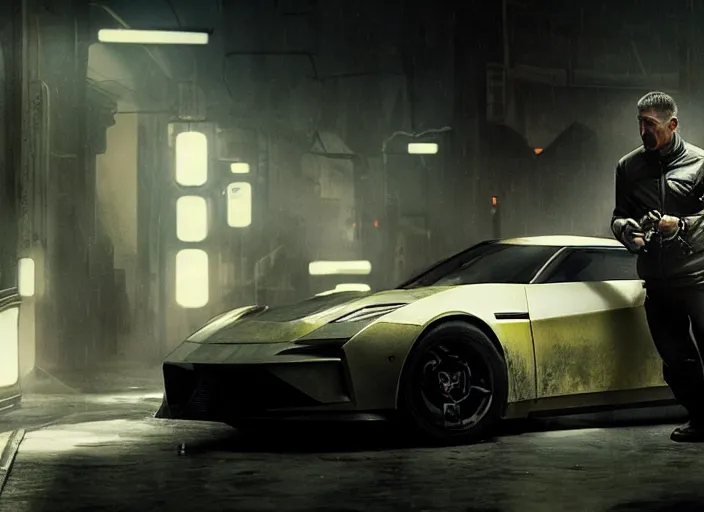 Image similar to Bladerunner 2049 scene man working on his sports car in small garage cluttered with tools parts dark atmospheric volumetric lighting grungy moody dark cinematic Roger Deakins Cinematography futuristic cyberpunk car R35 NSX R8 S14 Evo X Z06 ikuo maeda Newton Thomas Sigel bladerunner 2049 screen cap still