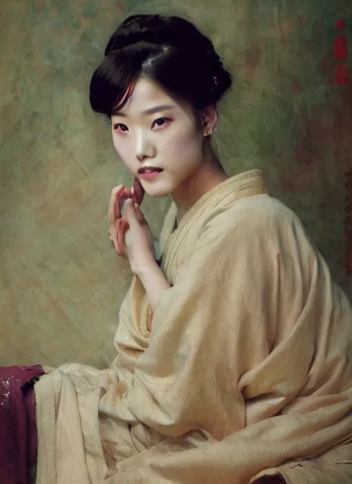 Image similar to detailed portrait of ju jingyi wearing hanfu, natural light, painting by gaston bussiere, craig mullins, j. c. leyendecker