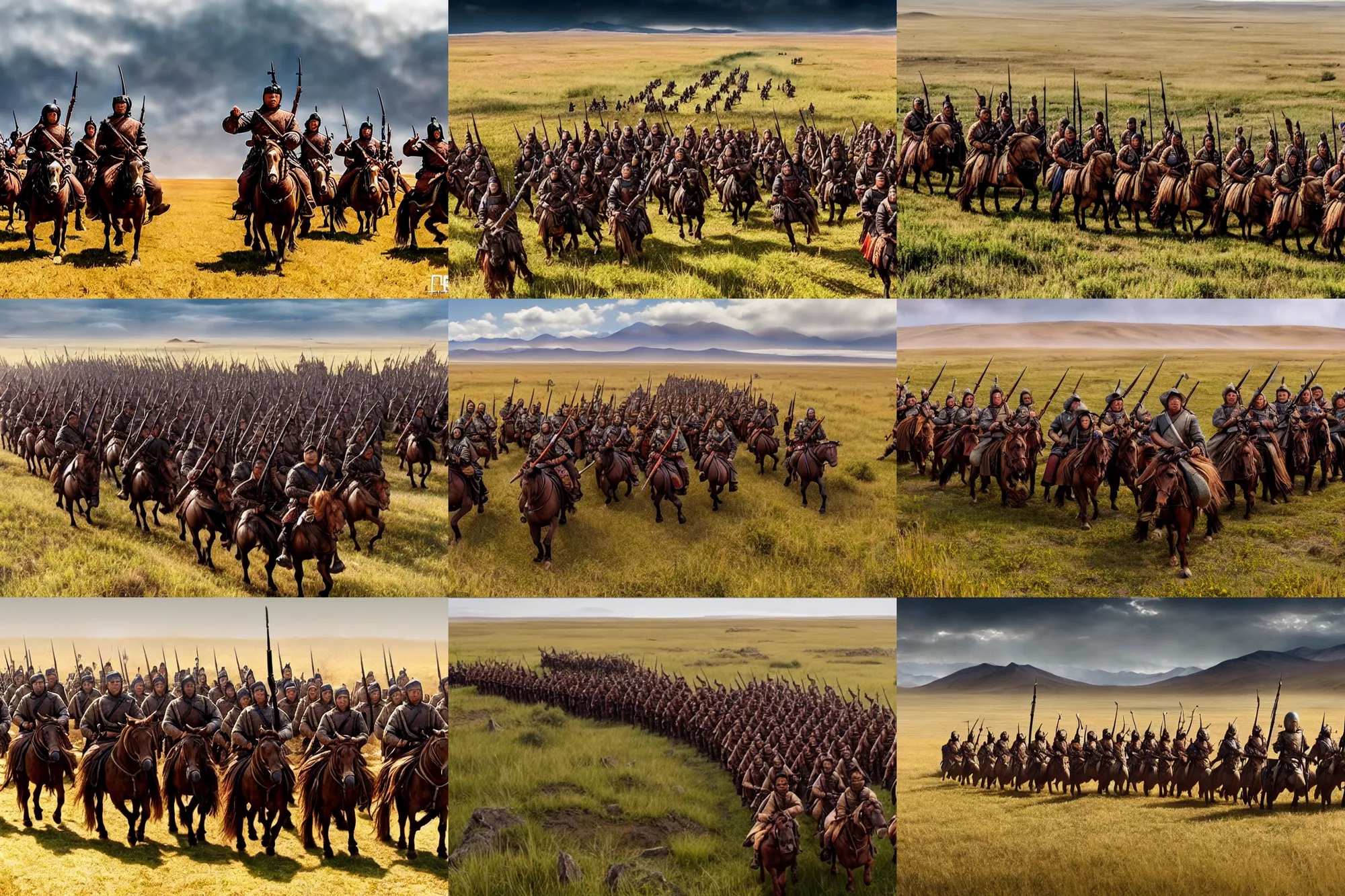 Prompt: vfx movie wideshot detailed large group of mongolia warriors with ak 4 7 riding into battle in formation on prairie, natural lighting by peter jackson