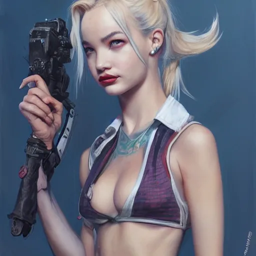 Prompt: lalisa gray and dove cameron as tank girl, fantasy, portrait, highly detailed, waist up, low camera angle, digital painting, trending on artstation, concept art, sharp focus, illustration, art by artgerm and greg rutkowski and magali villeneuve
