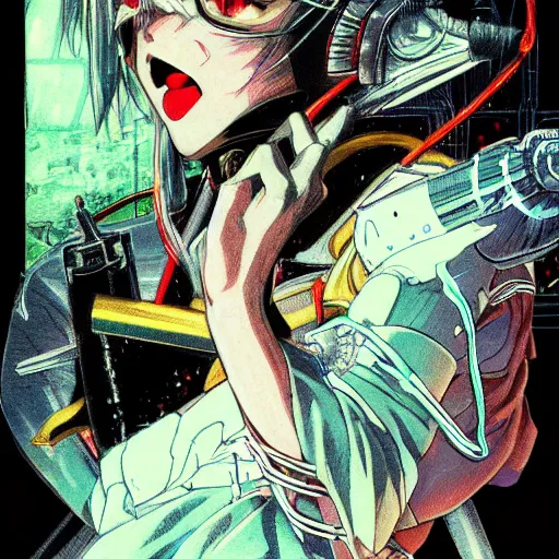 Image similar to anime of a punk cyborg woman, large knife,, water particles floating in the air, finely detailed facial features, weathered drawing, film grain, bright neon lighting, dark pastel colors, drawn by satoshi kon, katsuhiro otomo