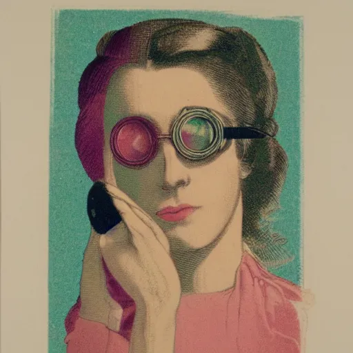 Image similar to cmyk risograph print instructive portrait of a lady 2 8 years old, with binoculars