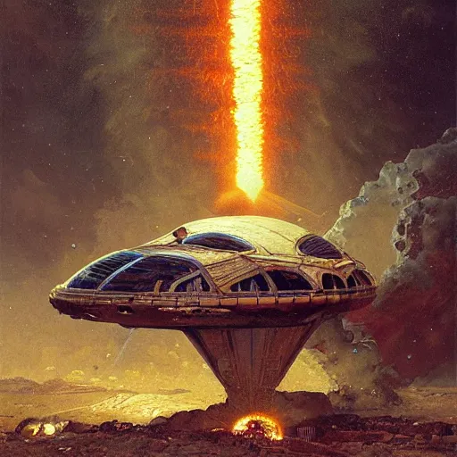 Image similar to a roman spaceship, stuck in the ground, the spaceship is on fire, smoke, rainstorm, lightning, angry, kinetic, adolphe bouguereaum, norman rockwell, trending on artstation, highly detailed oil painting,