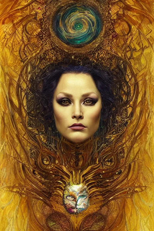 Image similar to Intermittent Chance of Chaos Muse by Karol Bak, Jean Deville, Gustav Klimt, and Vincent Van Gogh, beautiful portrait of Rebirth, Loki's Pet Project, Poe's Angel, Surreality, inspiration, imagination, muse, otherworldly, fractal structures, arcane, ornate gilded medieval icon, third eye, spirals