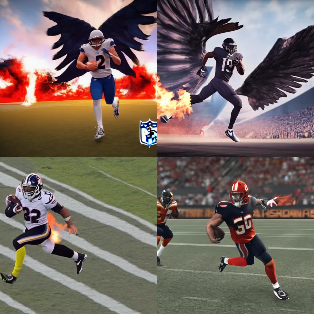Prompt: NFL player running towards to the enemy team with wings, broadcast view, flame, ultra-realistic, bull