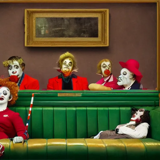 Prompt: a highly detailed fine art print of multiple current british members of parliament in the house of commons dressed as clowns and smoking. in the style of edward hopper, richard hamilton. concept art. whimsical. green leather benches. colour graded by rembrandt. sharp oil painting. photographic qualities. no artefacts, minimal noise. desaturated. 8 k