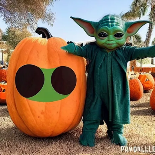Image similar to the mandalorian in a large, stuffed, mango halloween costume. baby yoda stands next to him in a goard costume