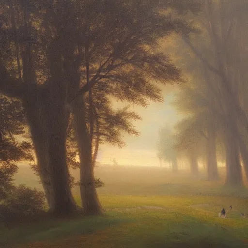 Image similar to an impressive 1 8 0 0 s romanticism - inspired oil painting of a foggy tree line at dawn inspired by liberty leading the people