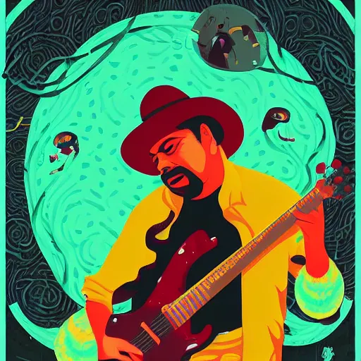 Prompt: portrait of Carlos Santana playing guitar with snakes evolving from his bofy by Sachin Teng and wlop