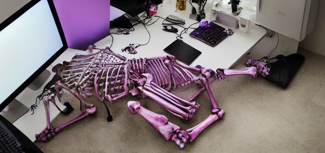 Image similar to the skeleton lies on the ground in front of the computer, magenta and blue