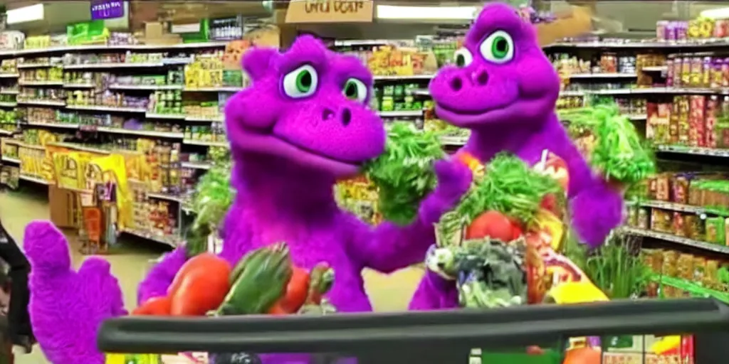 Prompt: cc - tv video of barney the dinosaur getting groceries