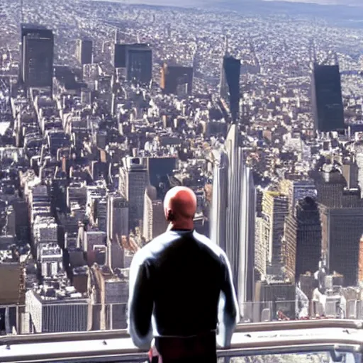 Prompt: walter white screaming at spider man on top of the empire state building, 4 k, realistic, very detailed