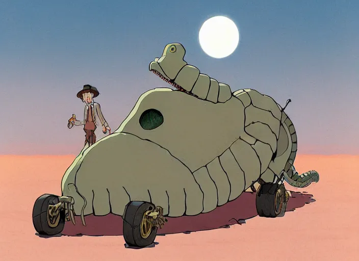 Prompt: a cell shaded cartoon of a lovecraftian mechanized rattlesnake from howl's moving castle ( 2 0 0 4 ), on a desert road, in front of a pale full moon, full body, wide shot, very dull muted colors, studio ghibli, laurie greasley, highly detailed, deviantart, art by artgem