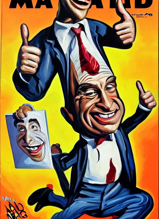 Image similar to mad magazine cover, norman mingo painting, saul goodman smiling, thumbs up, exaggerated proportions, caricature, painterly, visible brush strokes, vintage