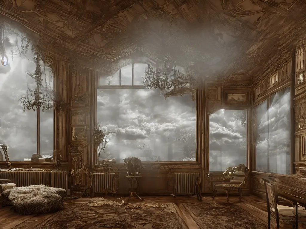 Image similar to richly decorated Victorian house with a moog modular synthesizer, modern, beautiful, detailed wood, photorealistic, photorealism, lightning, clouds, the winter light comes in through a window, volumetric fog