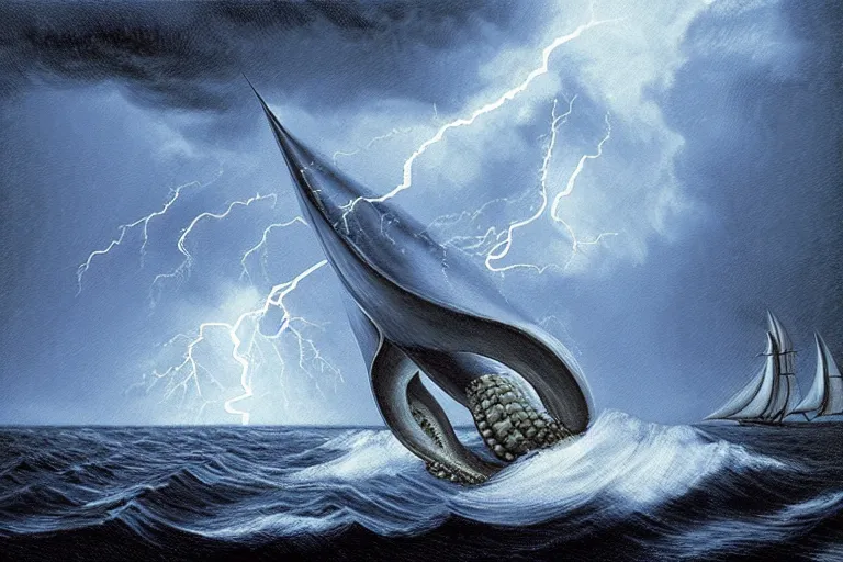 Image similar to giant kraken swallowing a sail boat, storm, lightning, rain, fantasy, horror