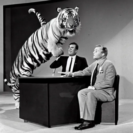 Prompt: 1 9 6 0's news show, a man in a vintage suit sitting behind a silver desk while being attacked by a giant man - eating tiger