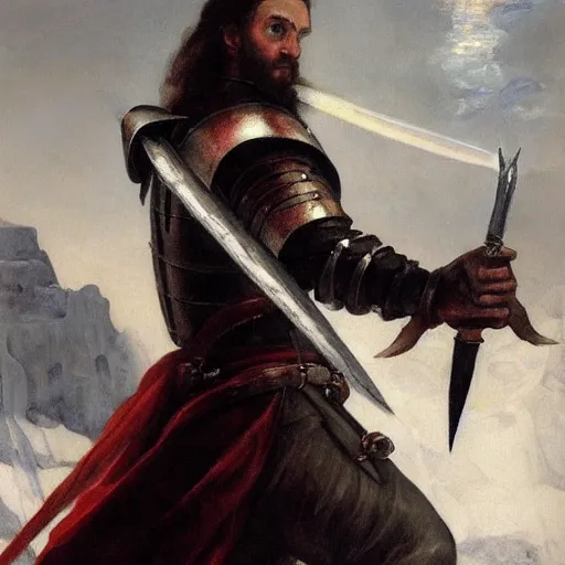 Prompt: realistic painting image of a templar knight with one mechanical hand carrying a fire sword and wielding it at the ice dragon. dramatic scene, realism, created by gustave courbet and michaelangelo, trending in artstation, fine art, smooth draw with oil painting.