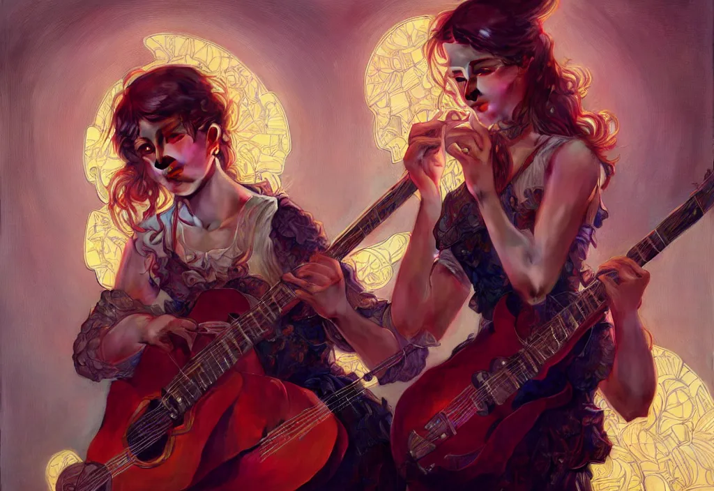 Prompt: portrait girl playing guitar in a tv screen, intricate, hivis, elegant, beautiful, highly detailed, digital painting, artstation, concept art, smooth, sharp focus, illustration, art by artgerm and greg rutkowski and alphonse mucha