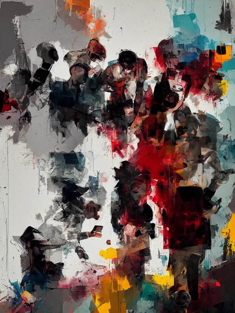 Image similar to a beautiful glitched picture by joram roukes of people looking at their phone in a bathroom, color bleeding, brushstrokes by jeremy mann