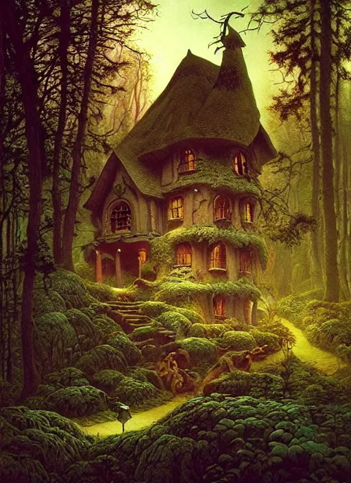 Image similar to hyper realistic witch cottage rococo in the woods gorgeous lighting, highly detailed, lush forest painting by zdzisław beksinski and norman rockwell and greg rutkowskiweta studio, and lucasfilm