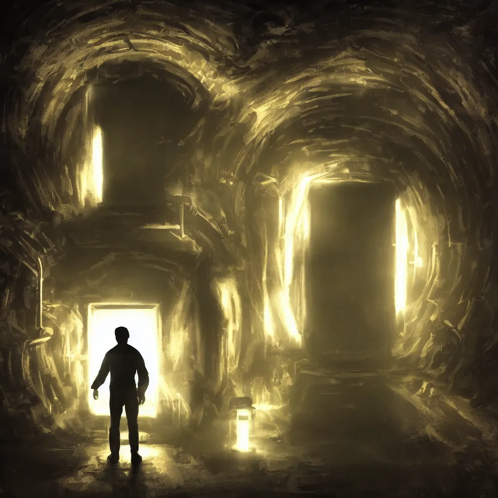 Prompt: a silhouette of a man standing before a glowing doorway portal in the middle of a dark laboratory, movie poster, cinematic lighting, sci - fi concept art, movie concept art, cinematic framing, blockbuster movie poster