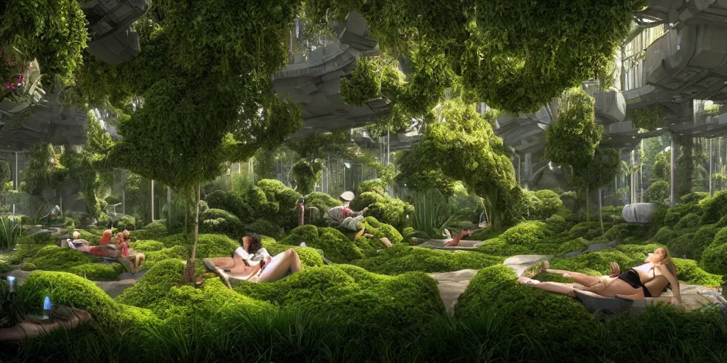 Prompt: a holodeck garden, beautiful and lush, with people lounging in chairs wearing vr headsets and eeg caps, wonderfully zen atmosphere, digital concept art, octane render 1 6 k, incredible masterpiece, futuristic and amazing