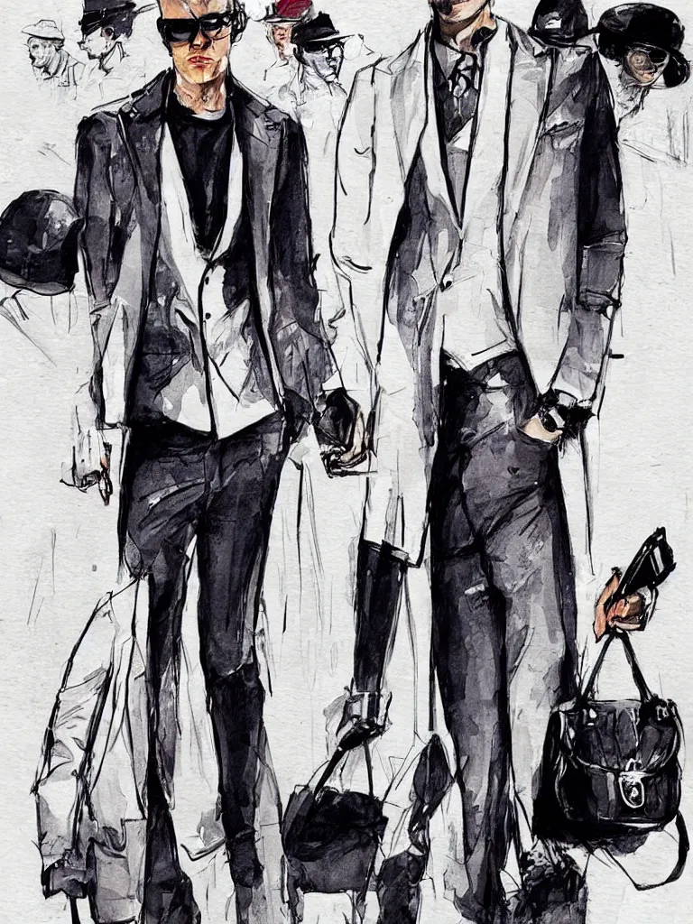 Image similar to fashionable modern and understated clothing on london gangster, confident pose, fashion illustration style