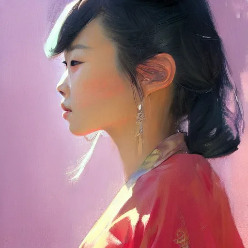 Prompt: greg manchess portrait painting of vietnamese princess, medium shot, asymmetrical, profile picture, organic painting, sunny day, matte painting, bold shapes, hard edges, street art, trending on artstation, by huang guangjian and ail elvgren and sachin teng