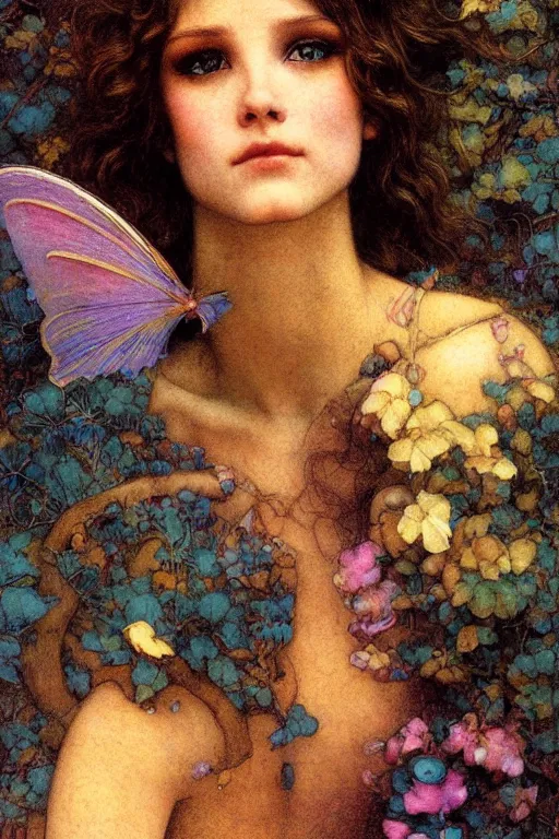 Prompt: headshot portrait of a beautiful faerie, golden ratio, detailed, rainbowshift, by maxfield parrish, john william waterhouse, brian froud