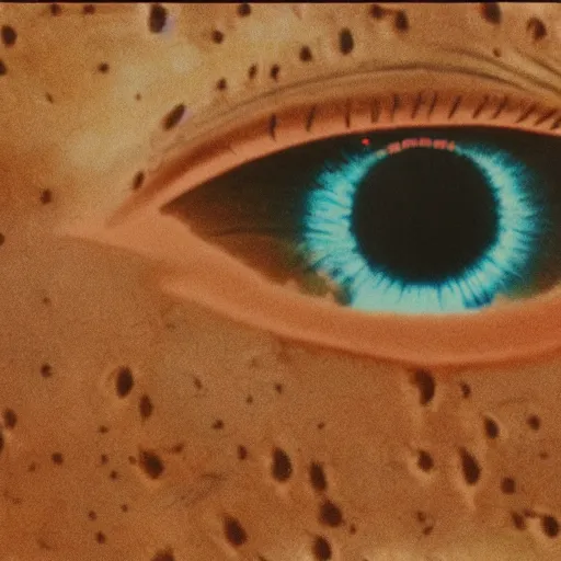 Image similar to woman with giant eyeballs in the desert 1972 Tarkovsky film, archival footage, technicolor film expired film live-action, 16mm