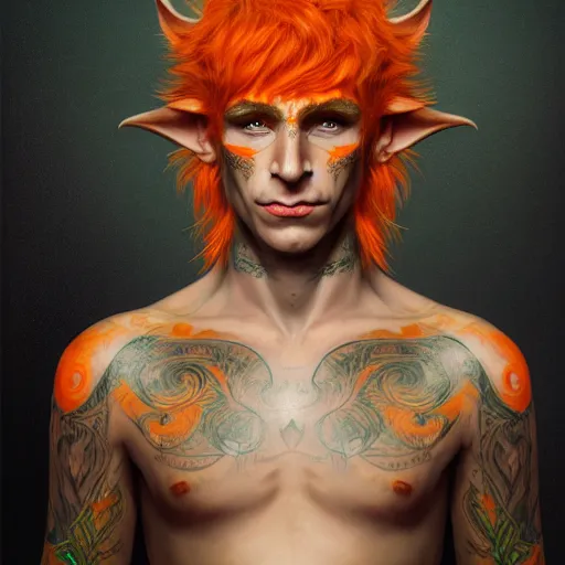 Prompt: portrait painting of an elven eladrin young man with short light orange hair and freckles and tribal tattoos on his cheekbones wearing fancy fur armor, sharp focus, award - winning, trending on artstation, masterpiece, highly detailed, intricate. art by merwild and ernesto irawan and rachel denton