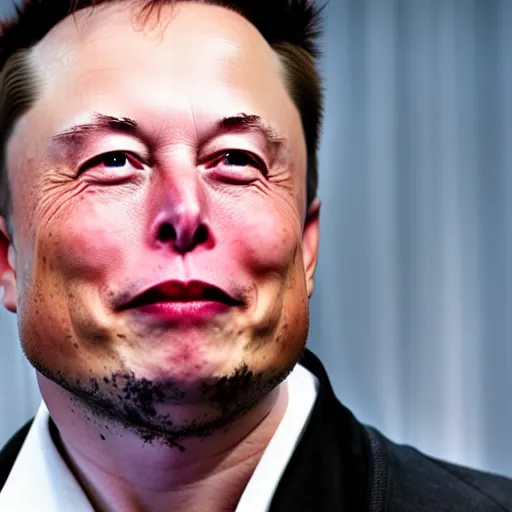 Image similar to elon musk with white eyes, smiling creepy at a camera, realistic photo