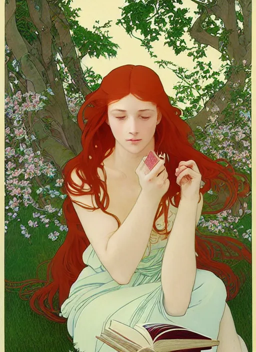 Prompt: pretty young woman resembling alicia vikander with long red hair, reading a book under a tree, path traced, highly detailed, high quality, digital painting, by studio ghibli and alphonse mucha, leesha hannigan, hidari, art nouveau, chiho aoshima, jules bastien - lepage