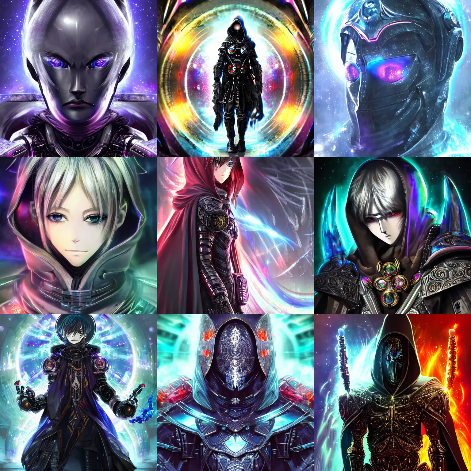 Prompt: 2.5D CGI anime fantasy portrait artwork of a hooded intricate elite cybernetic sorcerer warrior character with high quality glistening beautiful colors, rich moody atmosphere, reflections, specular highlights, omnipotent, megastructure realistic detailed background, brandishing iridescent cosmic weapons, colourful 3D crystals and gems, dark ominous clothing, gritty realistic smoke, portrait in the style of Makoto Shinkai and Greg Rutkowski, animated, animation